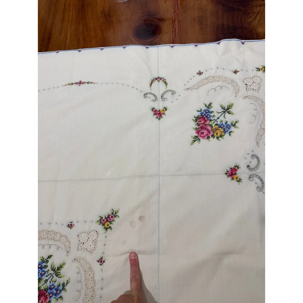 Vintage Hand Embroidered Cross Stitch Tablecloth Cotton Floral Crochet lace BB14